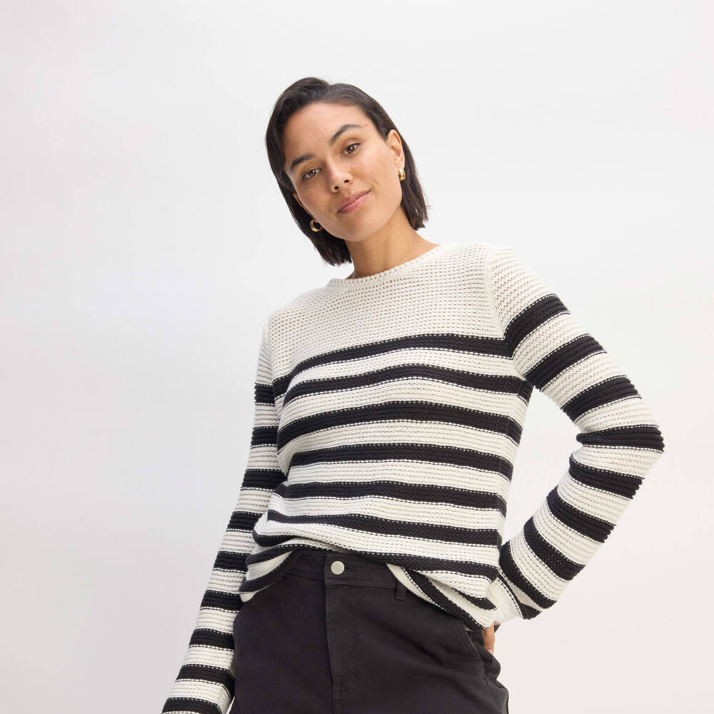 Everlane Organic Cotton Open-Stitch Crew Neck in Black/Bone White, Size Extra L…